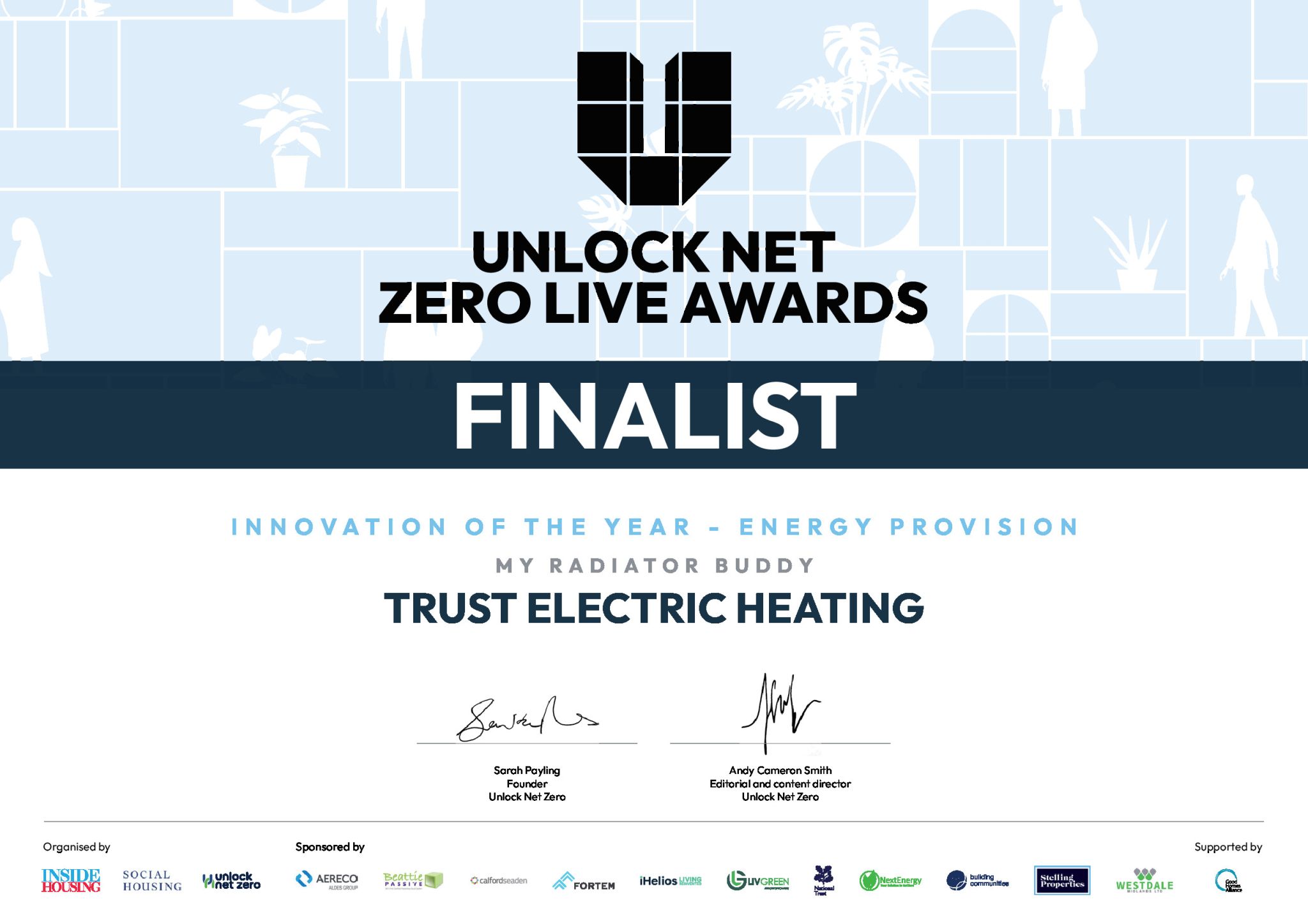 Trust Electric Heating’s named finalist for Innovation of the Year at the Unlock Net Zero Live Awards 2023