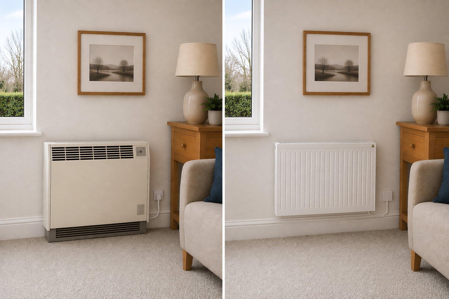 Living room before and after — old storage heater replaced with NEOS electric radiator